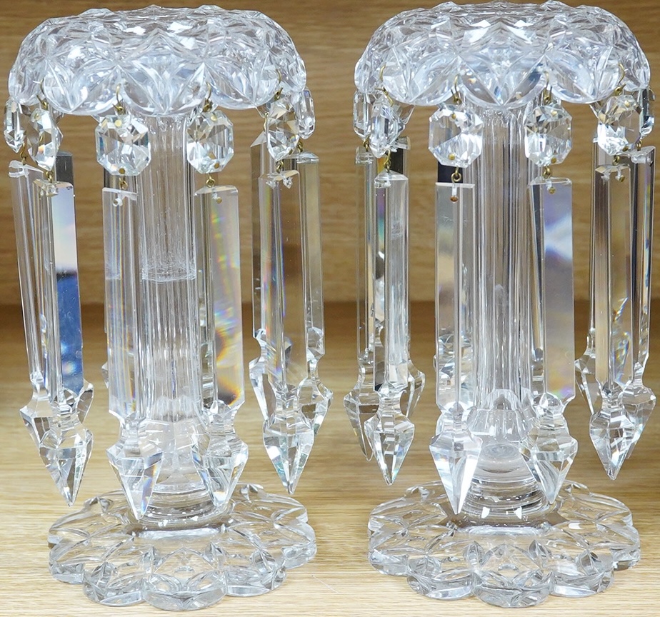 A pair of Victorian glass table lustres with drops, 26cm high